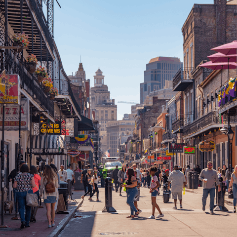 Discover the countless restaurants, bars and live music venues along Bourbon Street, a seven-minute walk away