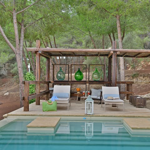 Cool off in the swimming pool with a view of the swathes of fruit and olive trees
