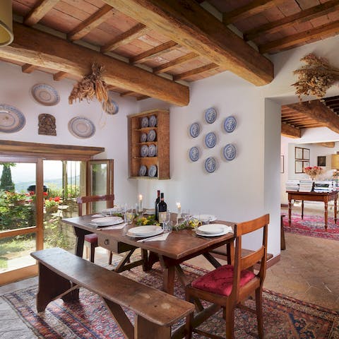 Gather together for dinner in the rustic dining room