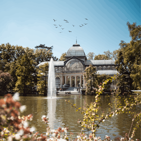 Head to El Retiro Park for sunny afternoon strolls, a twenty-five-minute walk away