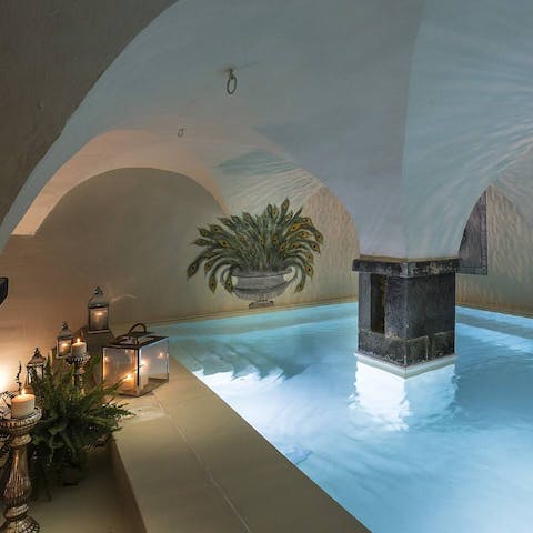 Release your muscles Roman style in the vaulted heated pool