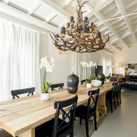 Gather under the antler chandelier for a delicious, Italian-style family feast