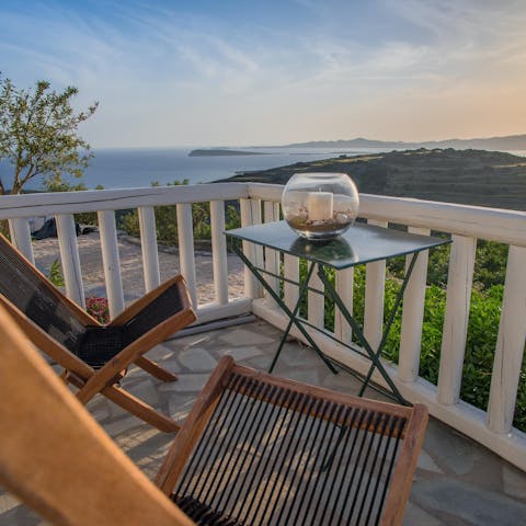 Enjoy Cycladic coastal views from the intimate balcony, ideal for sundowners