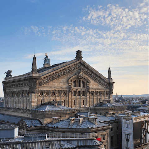 Visit the elegant Palais Garnier opera house, also a fifteen-minute stroll from your door