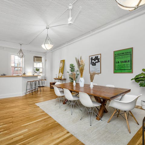 Flip pancakes to serve for breakfast in the open kitchen and dining area