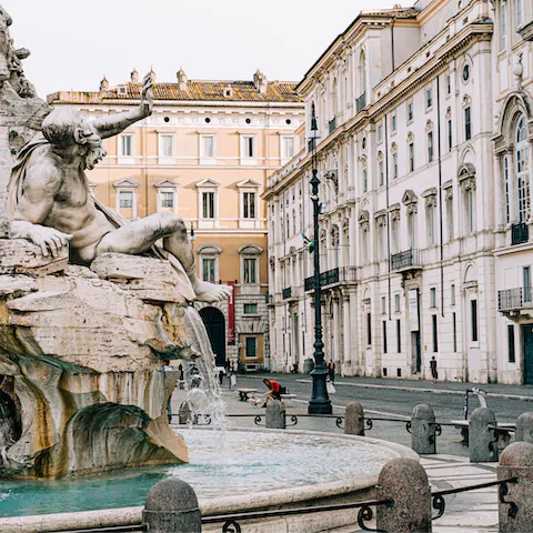 Start your sightseeing tour by wandering three minutes over to the fountains of Piazza Navona