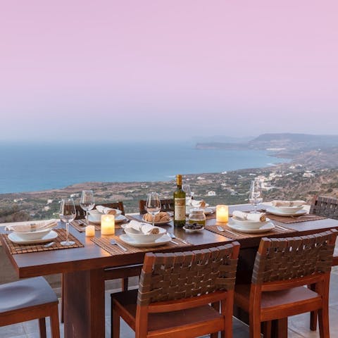 Dine outside and enjoy Crete's incredible sunsets from your hilltop location