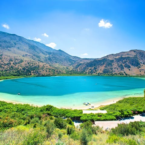 Admire Lake Kournas – a short eight-minute walk away