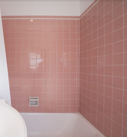 the pink tiles in the bathroom