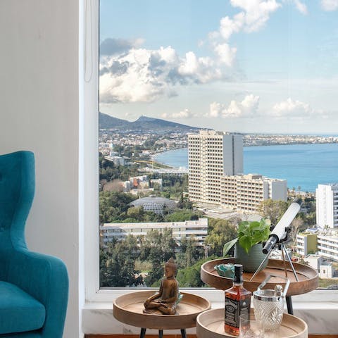 Admire the view of Rhodes Town from the living room window and peek through the telescope