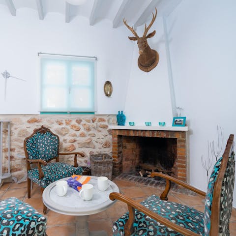 Embrace Spanish tradition with crisp white walls and a brick fireplace