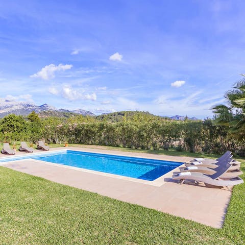 Lounge by the pool under the clear skies and go for a dip in the calm waters to escape the heat