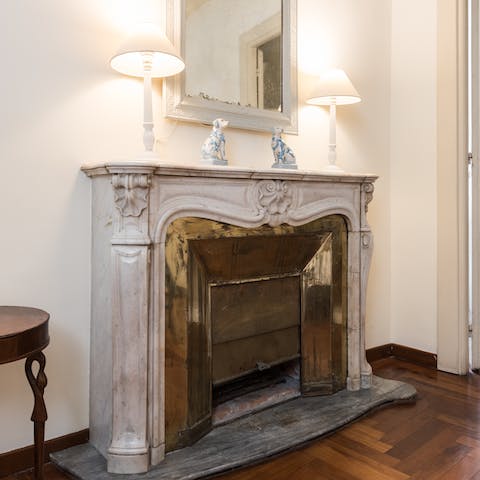 The ornate fireplace