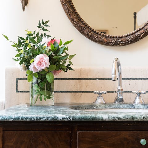 A marble sink in the ensuite