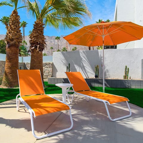 Hang out beneath the California palms on the poolside patio