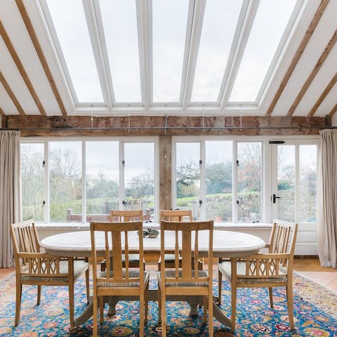 Admire the special architectural features, like the skylights above the light-filled dining space