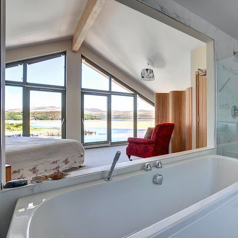 Pour a well deserved drink, soak in the tub, and enjoy the view after a long walk