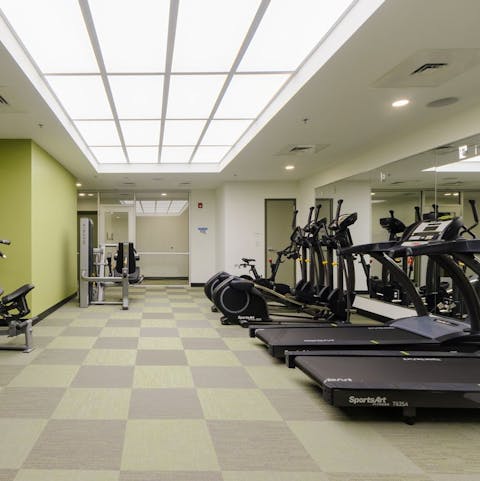 Keep up your fitness regimen in the building's shared gym