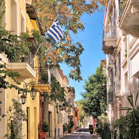 Explore Plaka's winding streets lined with restaurants, bars and boutiques