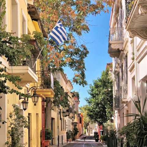 Explore Plaka's winding streets lined with restaurants, bars and boutiques
