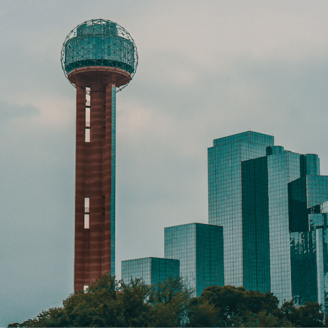 Walk for twenty-minutes to Reunion Tower or jump in a taxi for five minutes 