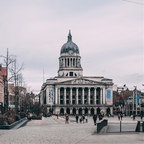 Explore Nottingham's Old Market Square, a five-minute walk away