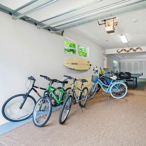 Take on of the complimentary bikes or surf boards and hit the beach