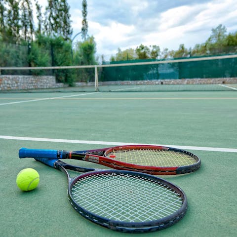 Borrow tennis equipment provided by the host and play on the court