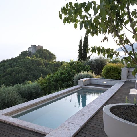 Admire castle views from the private infinity pool