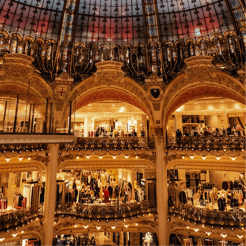 Shop at the majestic Galeries Lafayette, a four-minute walk away