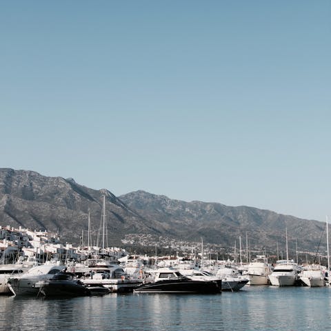 Head out for dinner along Puerto Banus harbour – a ten-minute drive away
