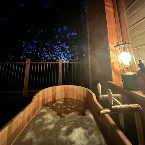 Unwind in a hot bath as night falls on this treetop home