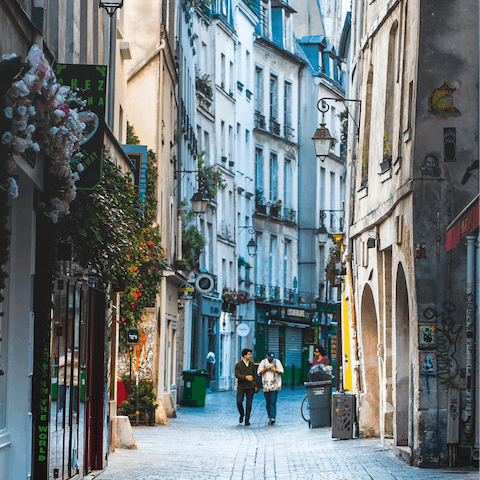 Lose yourself amidst the charming cobbled streets of Le Marais – just a ten-minute stroll away