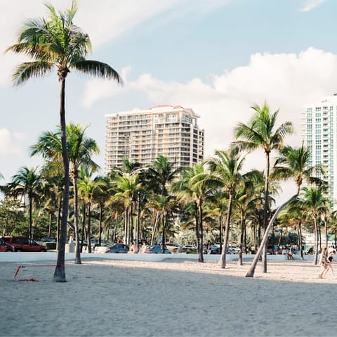 Walk just two blocks to Miami Beach and soak up the sun from the iconic shoreline