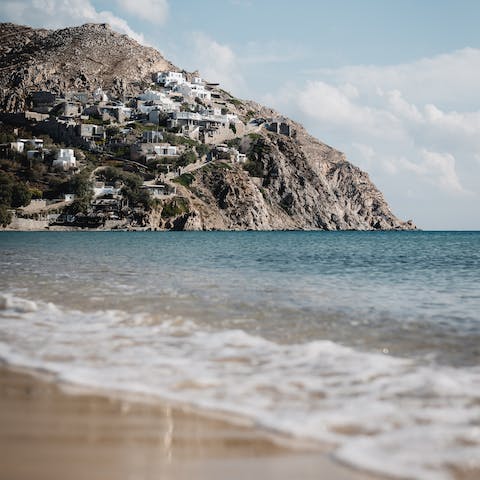 Spend a day down on the powdery sands of Agios Santos Beach, a short drive away