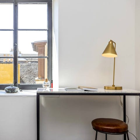 Catch up on work at the sleek desk
