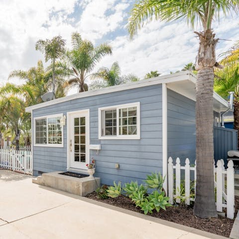 Wake up in a cute painted beach house surrounded by palm trees