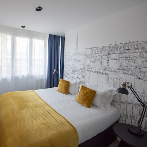 Wake up in the Paris-themed bedroom, feeling rested and ready for another day of sightseeing