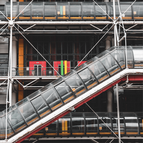 Stroll twelve minutes to the striking exterior of the Pompidou Centre