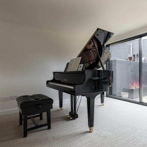 Play a tune on the baby grand piano in the music room
