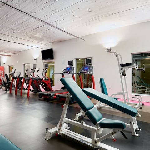 Keep up with your fitness regime at the 24-hour, in-building gym