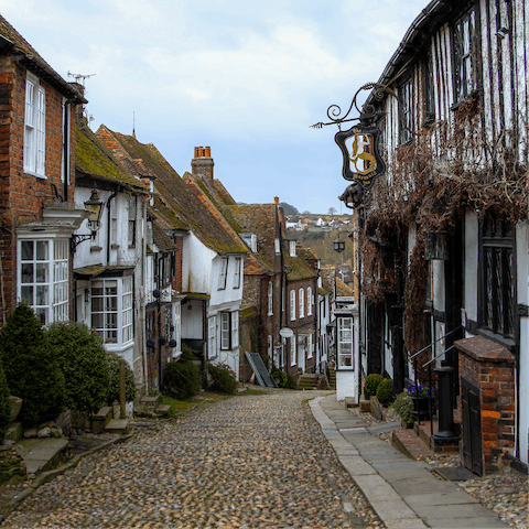 Explore the charming cobbled lanes of Rye, a fifteen-minute ride away
