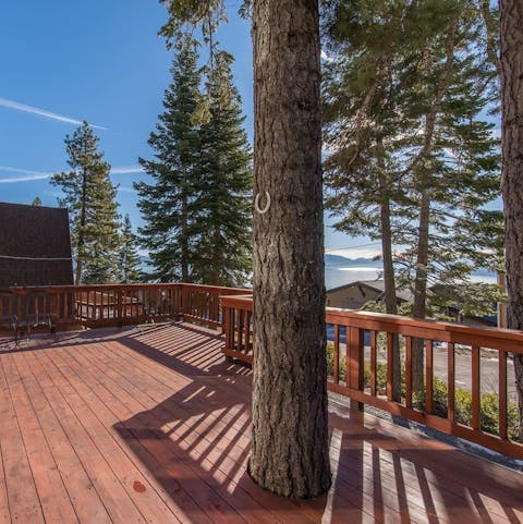 Take in breathtaking views of Lake Tahoe from the deck