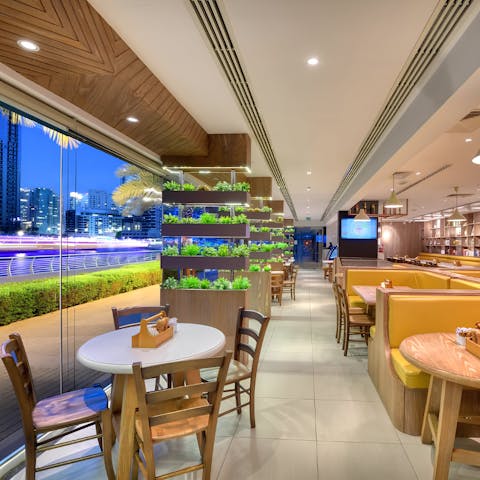 Grab dinner at the on-site restaurant overlooking the marina