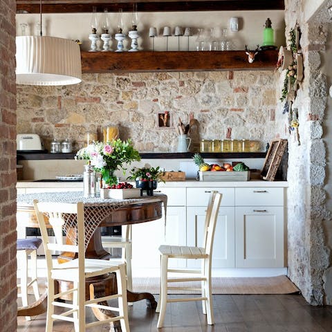 Start the day with an Italian breakfast in the stone kitchen
