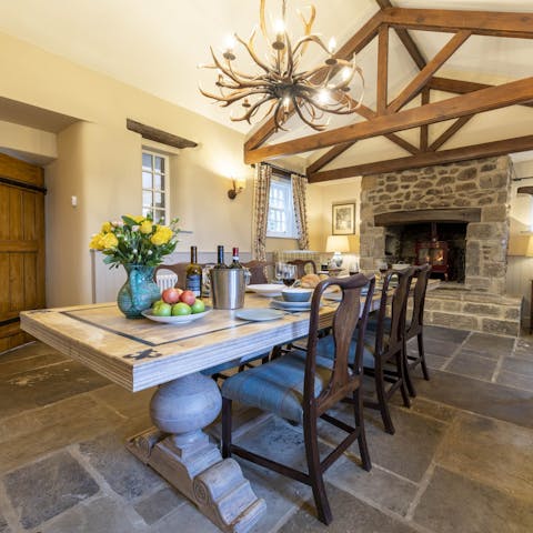 Enjoy fireside dining in an 18th-century farmhouse, full of cosy features