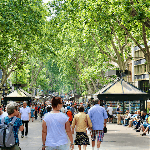 Stroll down the lively, iconic boulevard of Las Ramblas – an eighteen-minute walk away 