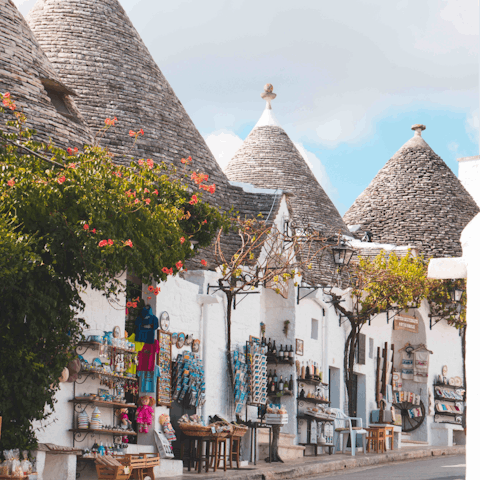 Explore the historic town of Alberobello, a ten-minute drive away 