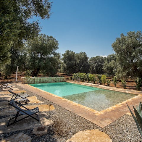 While away sunny afternoons in the pristine pool, surrounded by lush greenery