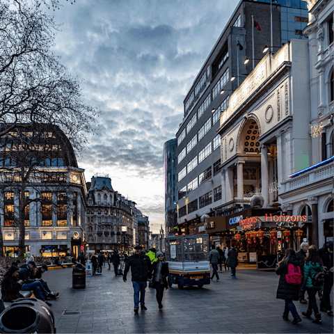 Immerse yourself in Leicester Square's vibrant nightlife, five minutes away on foot